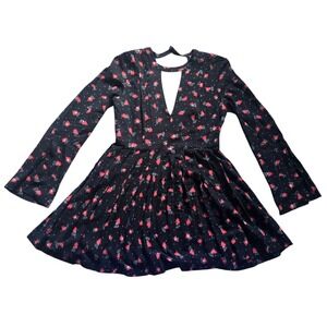 Free Peoppe Floral Print Mini Dress‎ Long Sleeve Fit and Flare Black Red Size 4